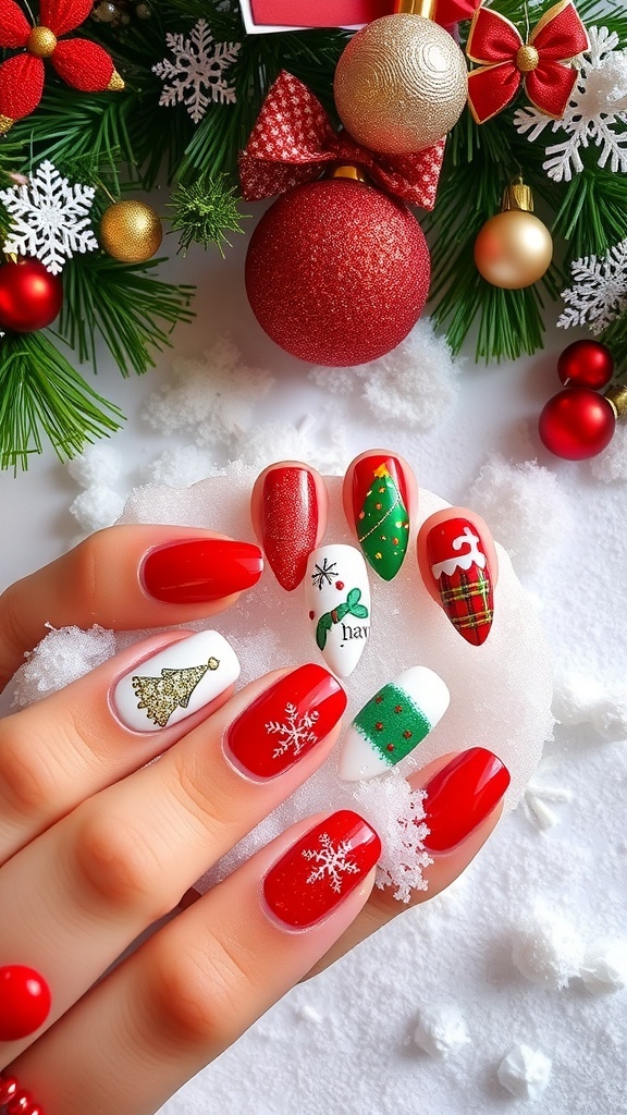Festive Christmas Nail Art Ideas A collection of colorful Christmas nail art designs with festive patterns and glitter.